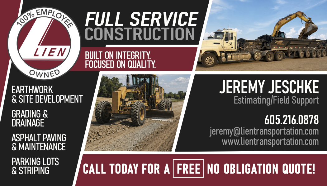 Lien Transportation full service construction business card - Jeremy Jeschke, Estimating/Field Support, 605-216-0878, jeremy@lientransportation.com